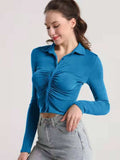 Ruched Button Up Long Sleeve T-Shirt - Trendsi - Flyclothing LLC