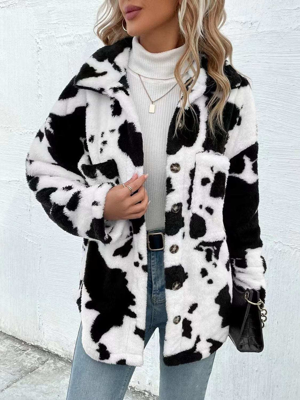Cow Print Collared Neck Button Up Fuzzy Jacket - Trendsi - Flyclothing LLC