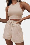 Round Neck Top and Drawstring Shorts Set - Trendsi - Flyclothing LLC