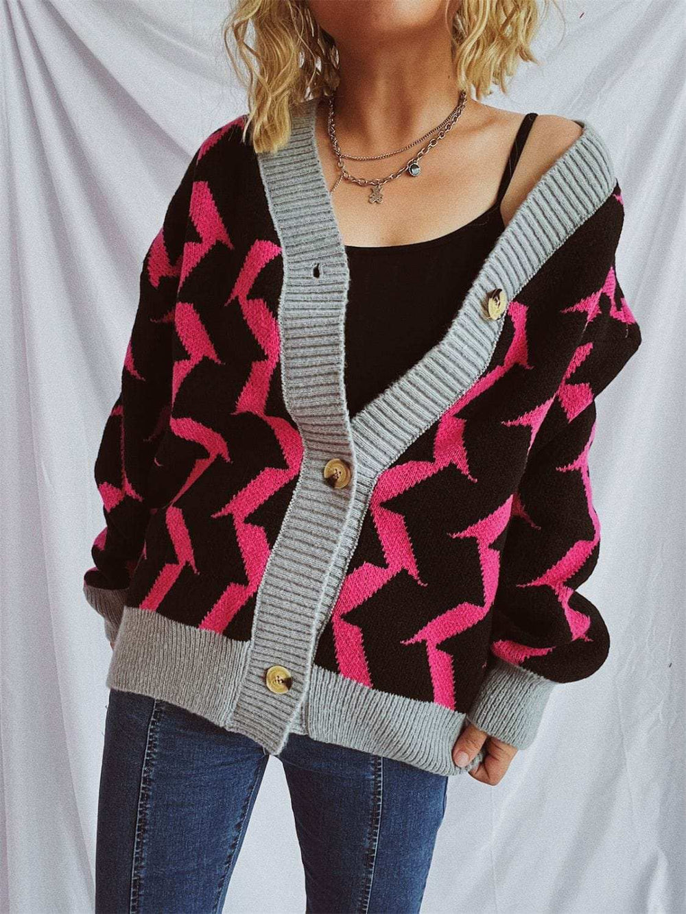Contrast Trim Geometric V-Neck Long Sleeve Cardigan - Trendsi - Flyclothing LLC