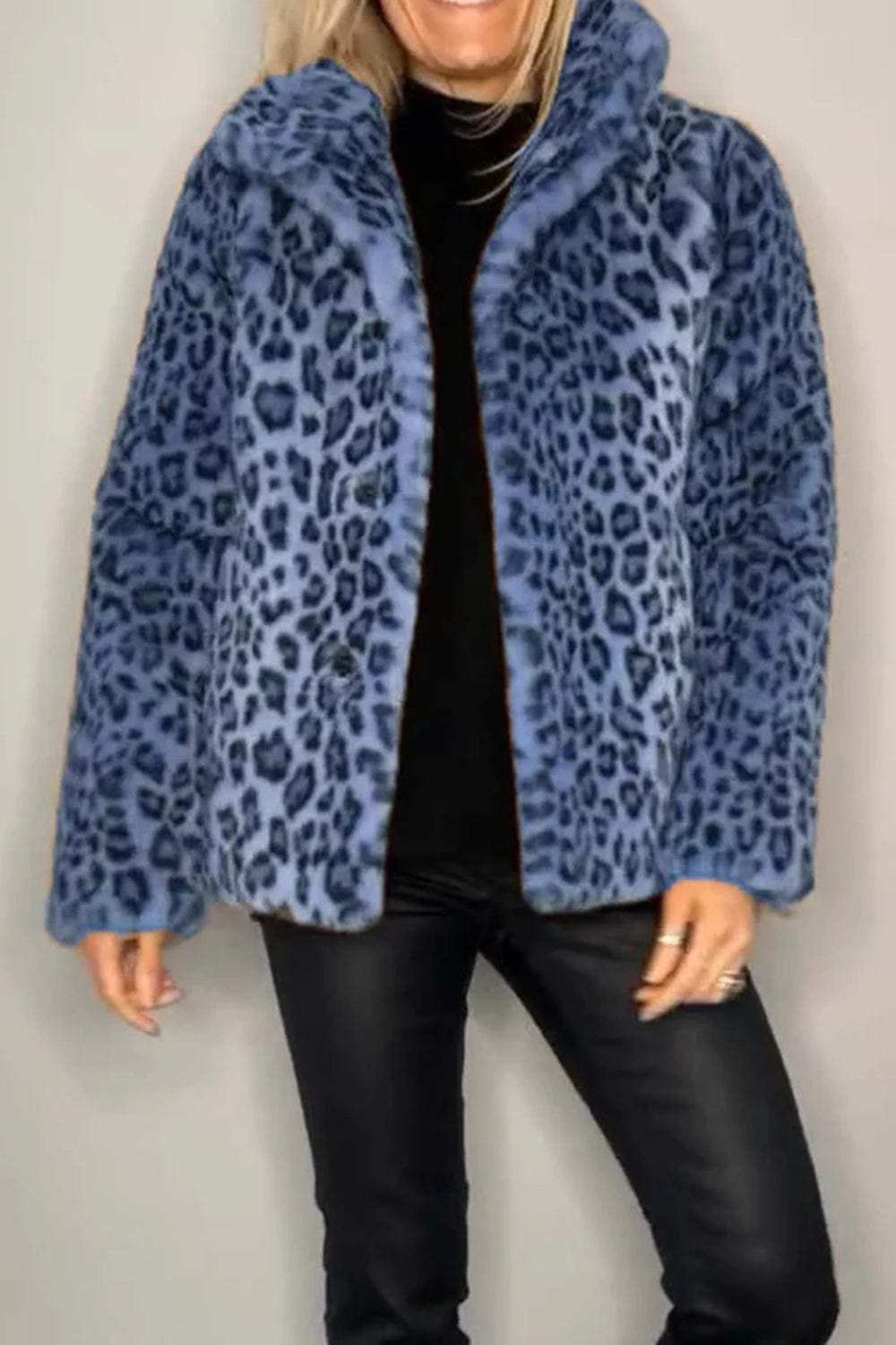 Full Size Leopard Furry Collared Neck Long Sleeve Coat - Trendsi - Flyclothing LLC
