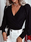 Glitter Surplice Long Sleeve Blouse - Trendsi - Flyclothing LLC