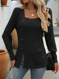 Decorative Button Striped Square Neck Long Sleeve T-Shirt - Trendsi - Flyclothing LLC