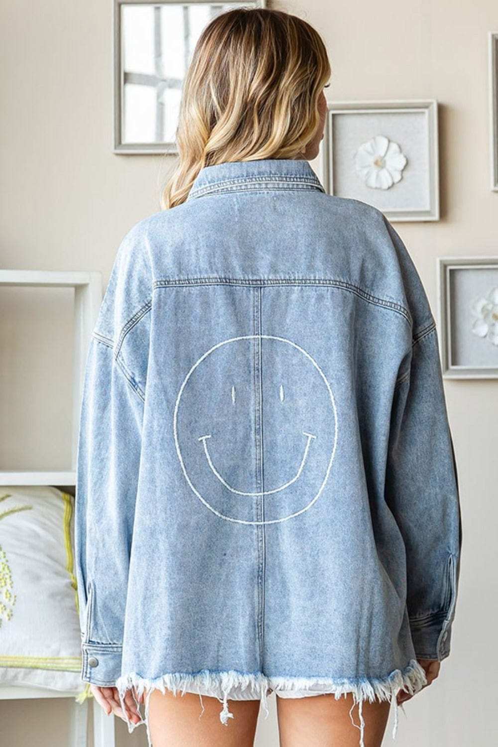 First Love Smile Face Button Down Raw Hem Denim Jacket - Trendsi - Flyclothing LLC