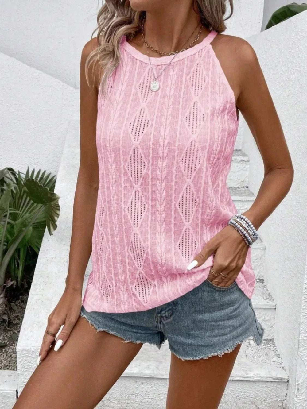 Openwork Grecian Neck Tank - Trendsi - Flyclothing LLC