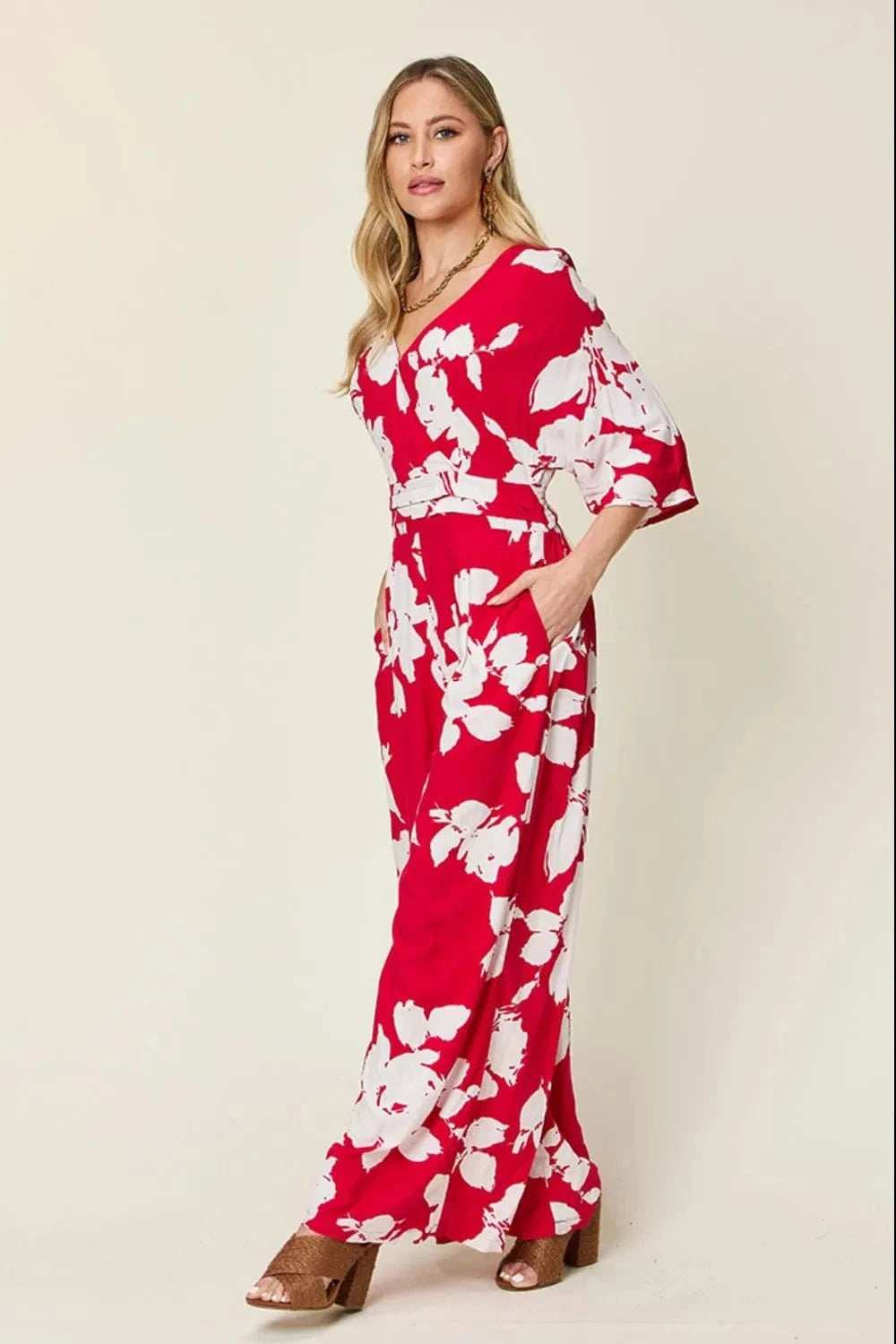 Double Take Full Size Printed Tie Back Wide Leg Jumpsuit - Trendsi - Flyclothing LLC