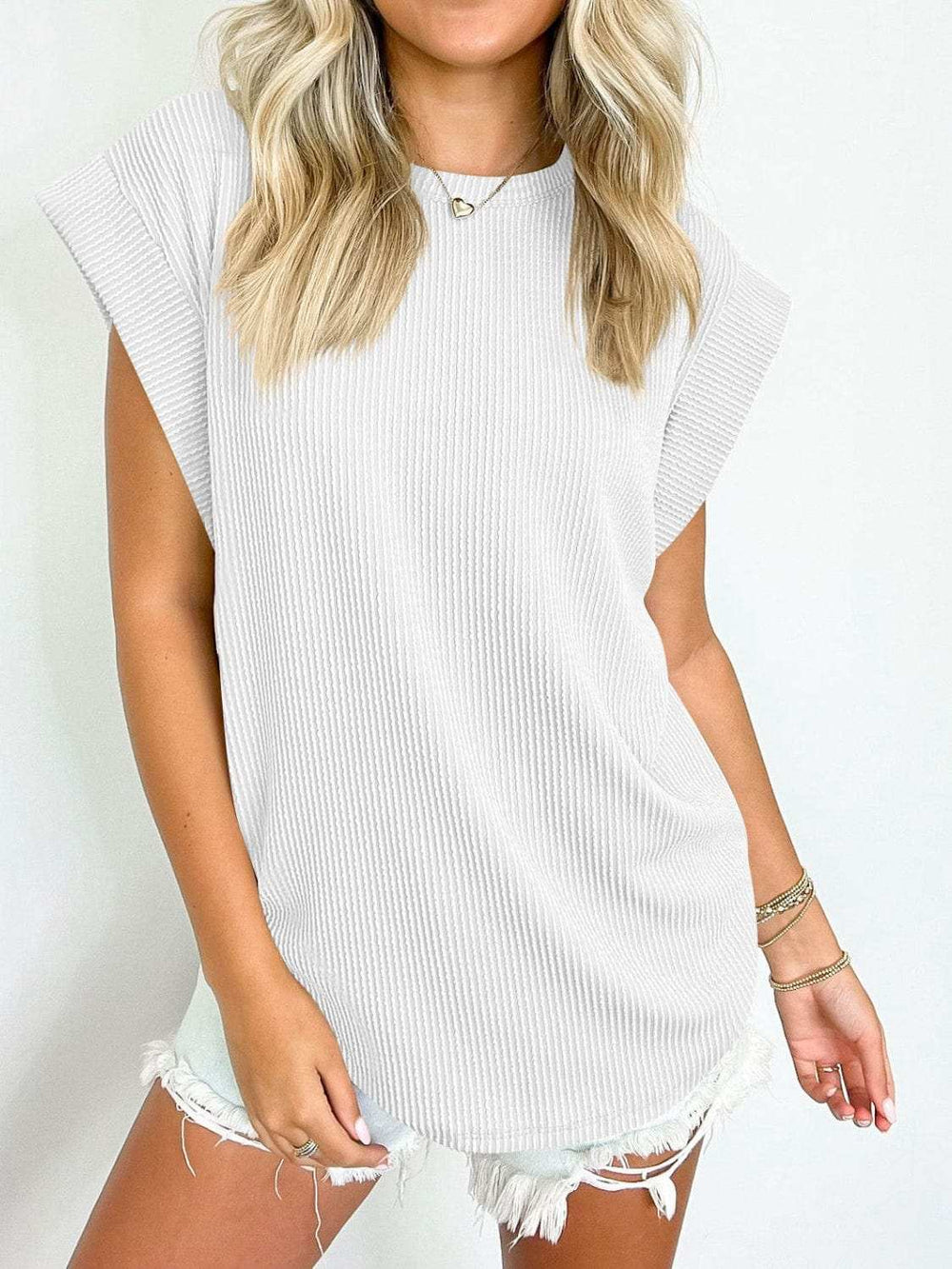 Textured Round Neck Cap Sleeve Blouse - Trendsi - Flyclothing LLC