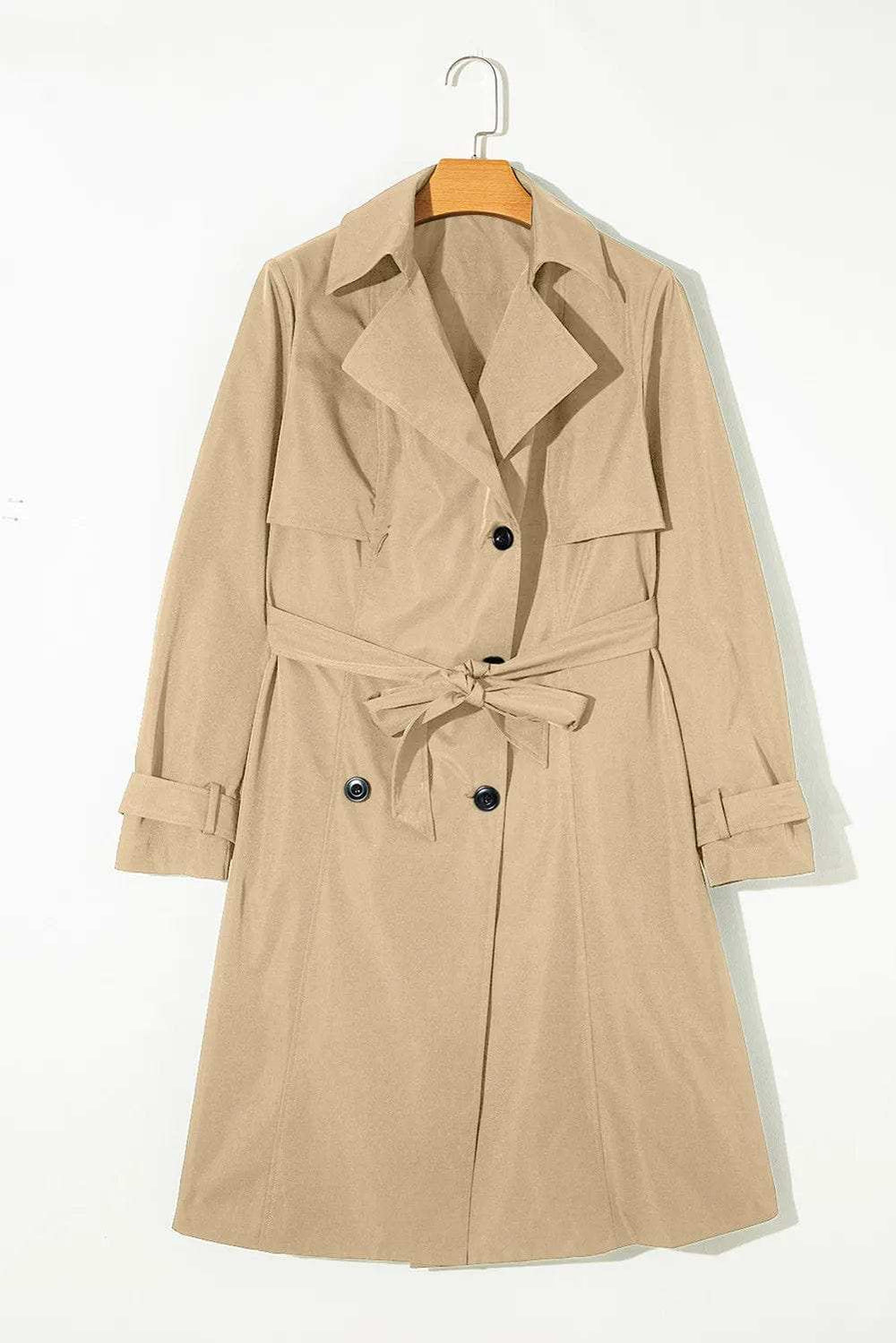 Collared Neck Tie Waist Buttoned Long Sleeve Trench Coat - Trendsi - Flyclothing LLC