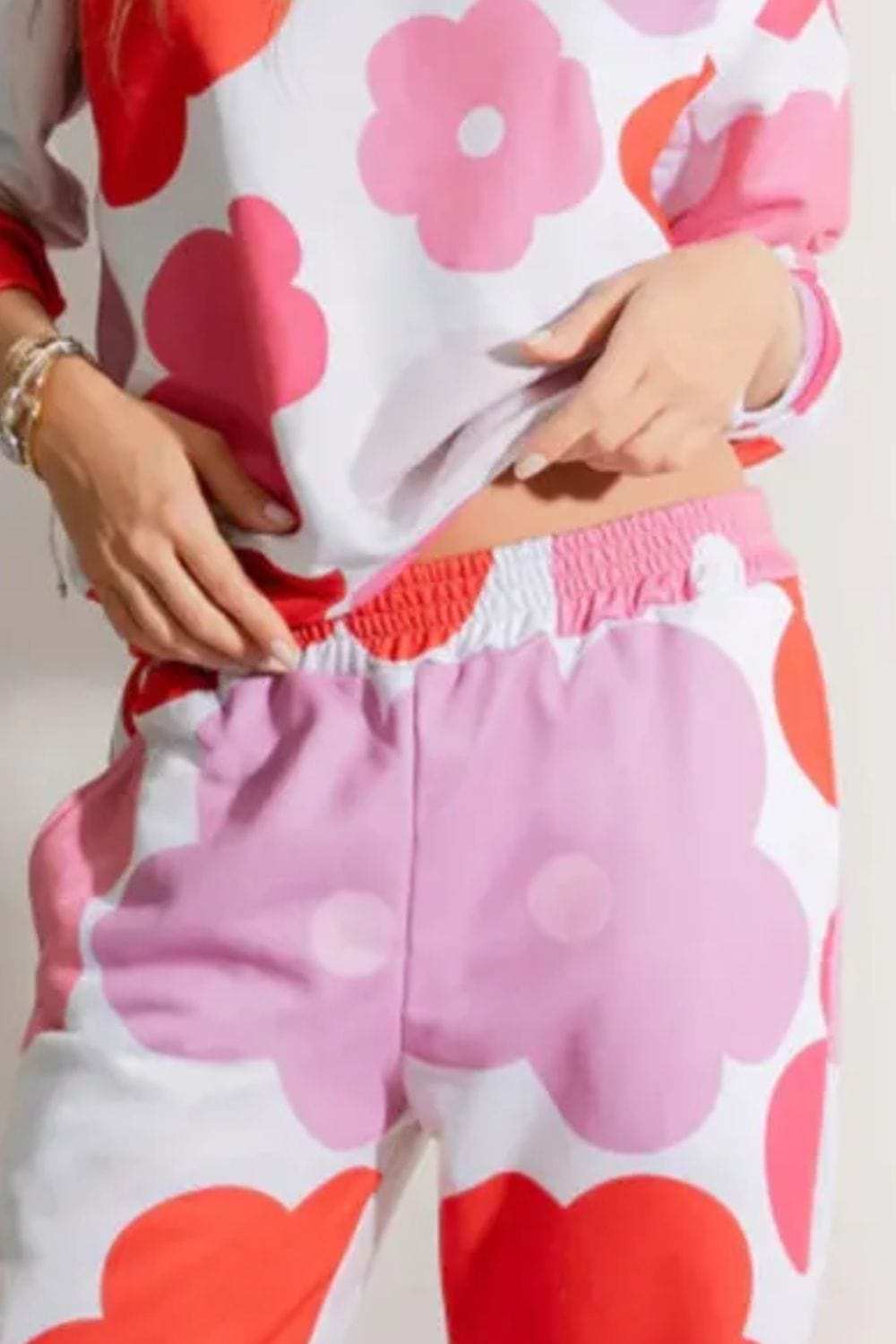 Flower Round Neck Long Sleeve Top and Pants Lounge Set - Trendsi - Flyclothing LLC