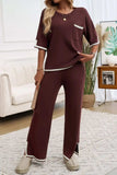 Devine Contrast Trim Half Sleeve Top and Pants Set - Trendsi - Flyclothing LLC