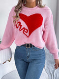 LOVE Heart Round Neck Dropped Shoulder Sweater - Trendsi - Flyclothing LLC