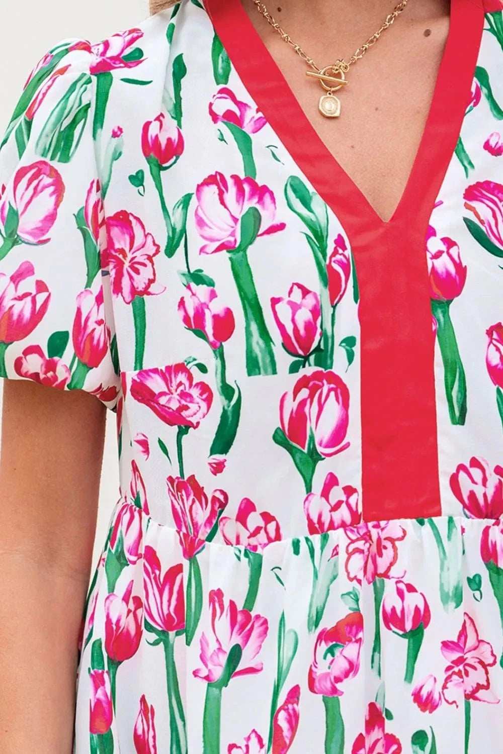 Floral Print Contrast Trim V Neck Bubble Short Sleeve Babydoll Dress - Trendsi - Flyclothing LLC