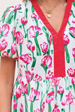 Floral Print Contrast Trim V Neck Bubble Short Sleeve Babydoll Dress - Trendsi - Flyclothing LLC