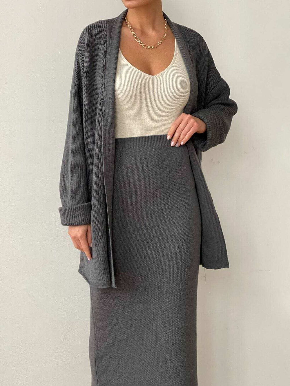 Pocketed Long Sleeve Cardigan and Skirt Sweater Set - Trendsi - Flyclothing LLC