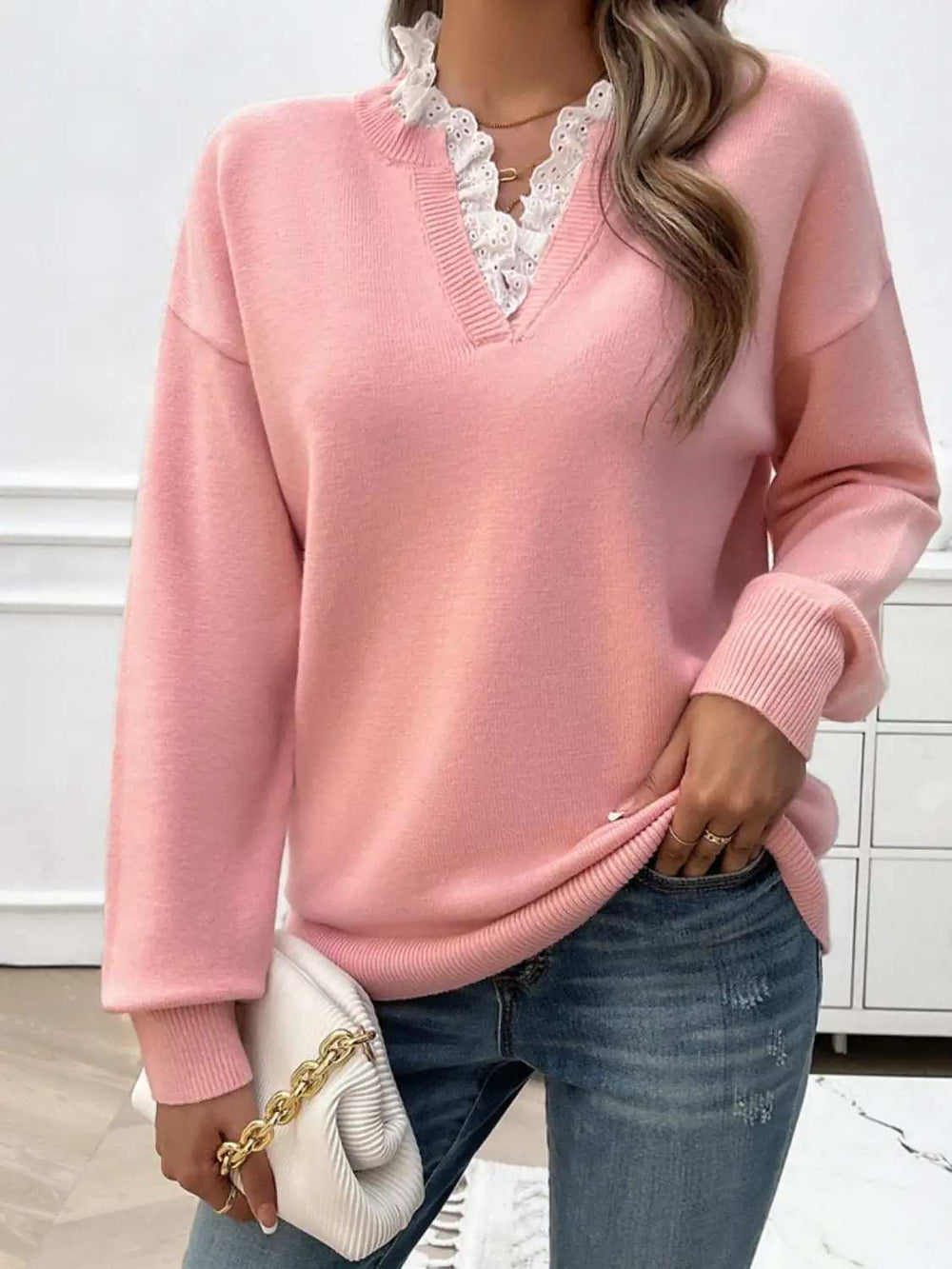 Lace Detail Notched Long Sleeve Sweater - Trendsi - Flyclothing LLC