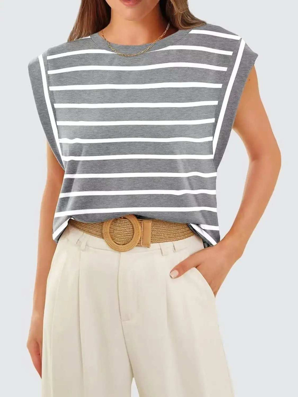 Florira Striped Round Neck Cap Sleeve T-Shirt - Trendsi - Flyclothing LLC