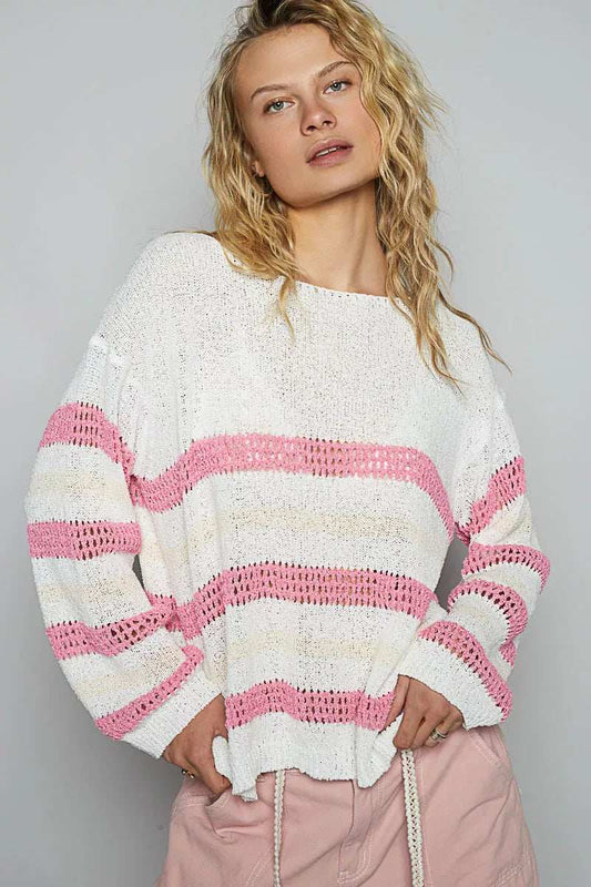 POL Striped Openwork Round Neck Knit Top - Trendsi - Flyclothing LLC