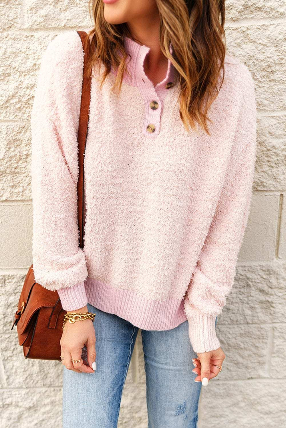 Button Detail Mock Neck Long Sleeve Sweater - Trendsi - Flyclothing LLC