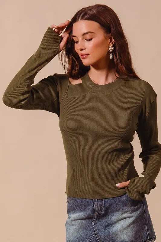 SO ME Rib Knit Top with Shoulder Cut Out - Trendsi - Flyclothing LLC