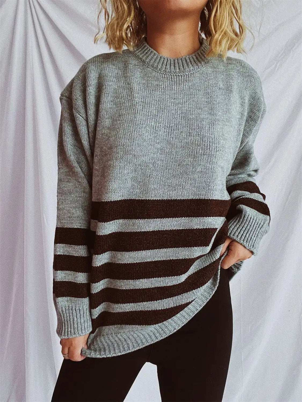 Striped Dropped Shoulder Long Sleeve Sweater - Trendsi - Flyclothing LLC