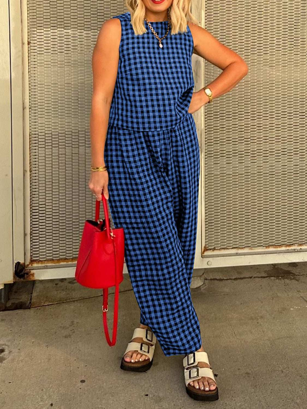 Lovelet Plaid Round Neck Sleeveless Top and Pants Set - Trendsi - Flyclothing LLC