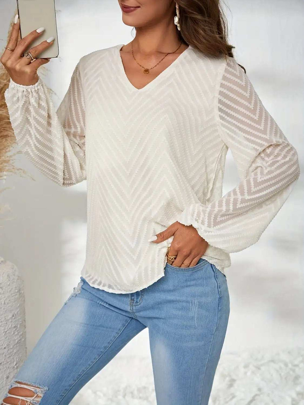 Textured V-Neck Balloon Sleeve Blouse - Trendsi - Flyclothing LLC