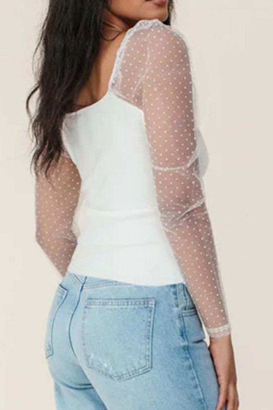 Swiss Dot Mesh Long Sleeve Square Neck Slim Top - Trendsi - Flyclothing LLC
