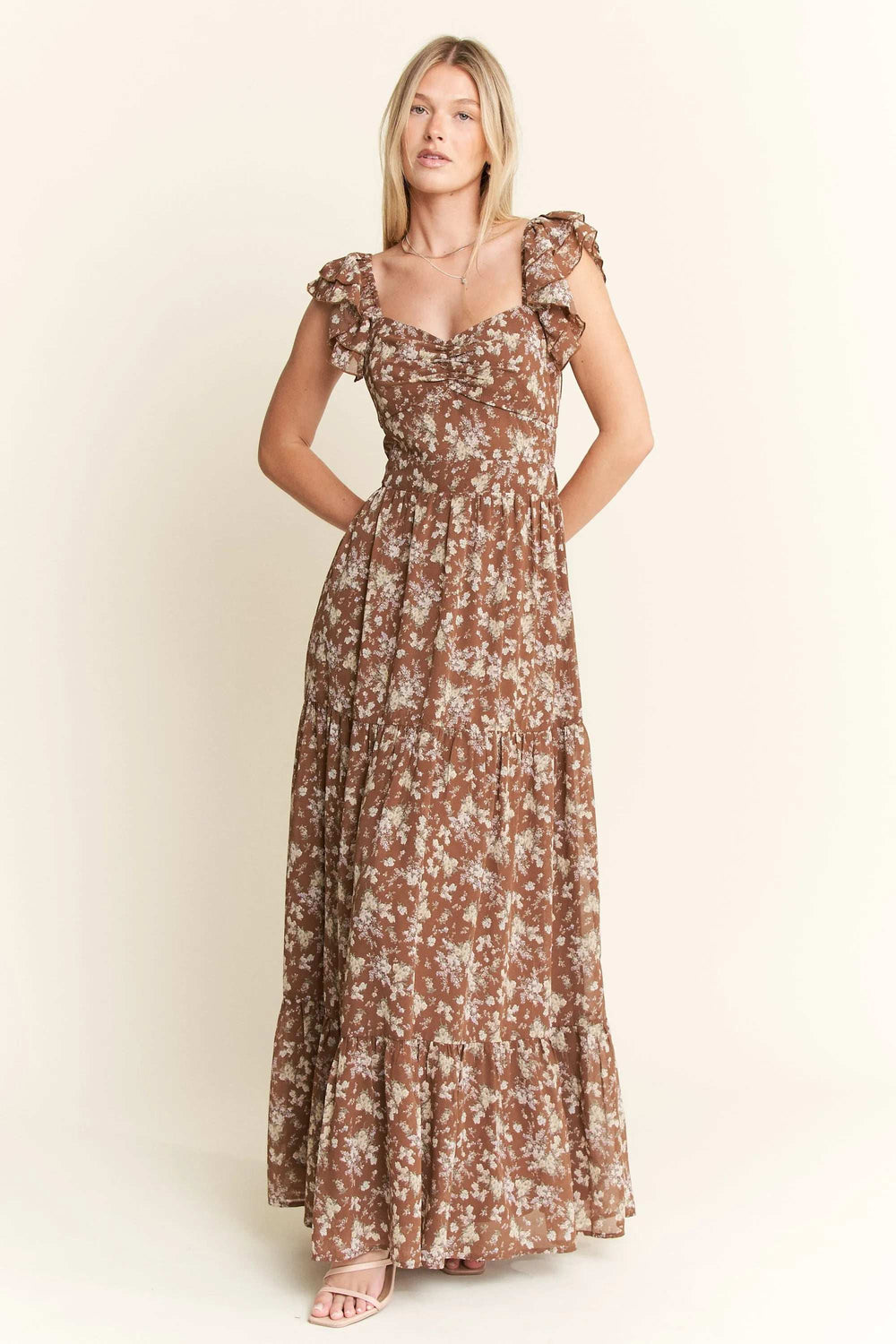 Jade By Jane Ruffle Sleeve Tiered Maxi Dress - Trendsi - Flyclothing LLC