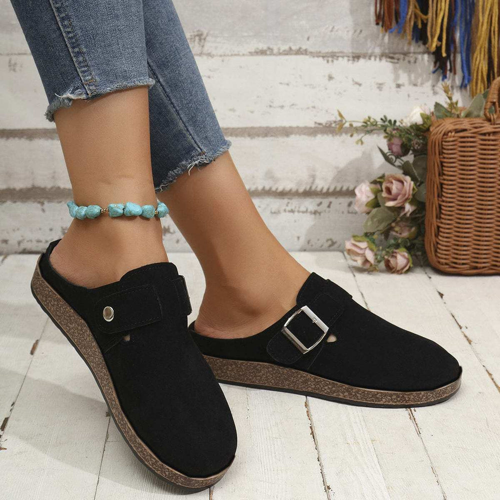 Suede Round Toe Buckle Slip-Ons - Trendsi - Flyclothing LLC