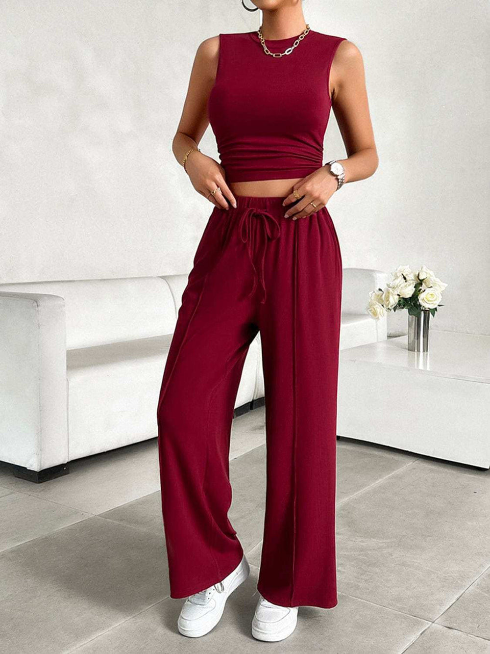 Mock Neck Sleeveless Top and Drawstring Pants Set - Trendsi - Flyclothing LLC