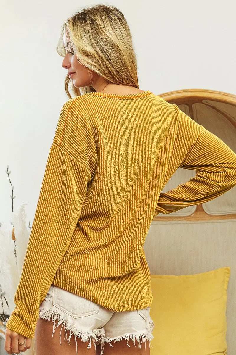 BiBi Wavy Two Tone Rib Notch Neck Patch Pocket Top - Trendsi - Flyclothing LLC