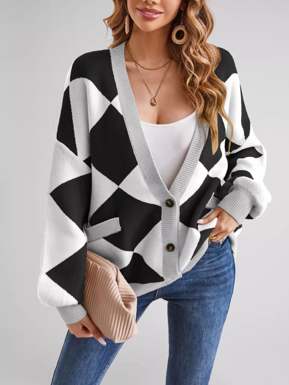 Diamond Pattern Button-Up Knit Cardigan - Trendsi - Flyclothing LLC