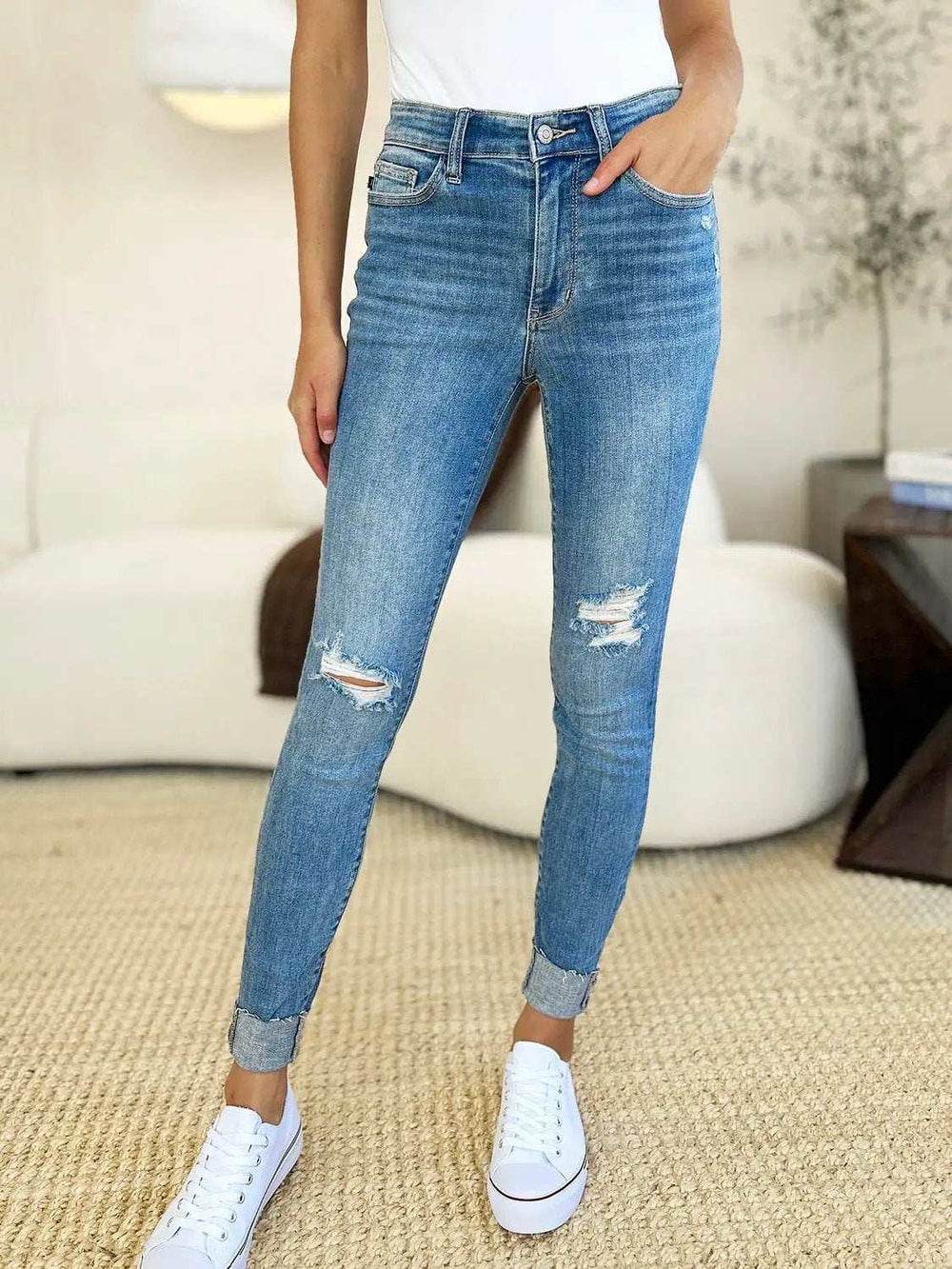 Judy Blue Full Size Mid Rise Destroy & Cuff Skinny Jeans - Trendsi - Flyclothing LLC