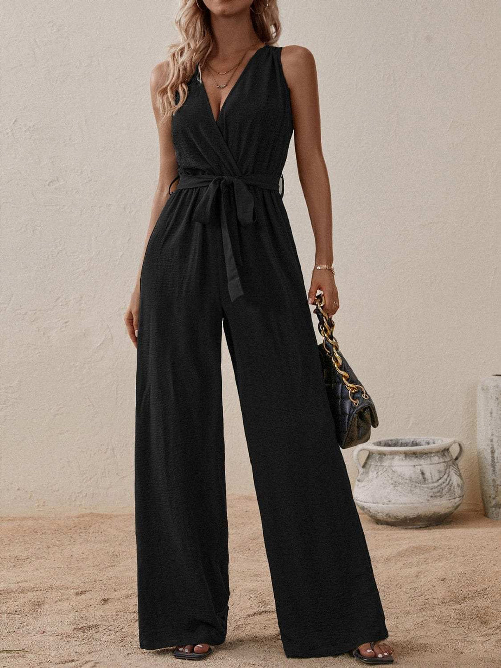Tied Surplice Sleeveless Wide Leg Jumpsuit - Trendsi - Flyclothing LLC