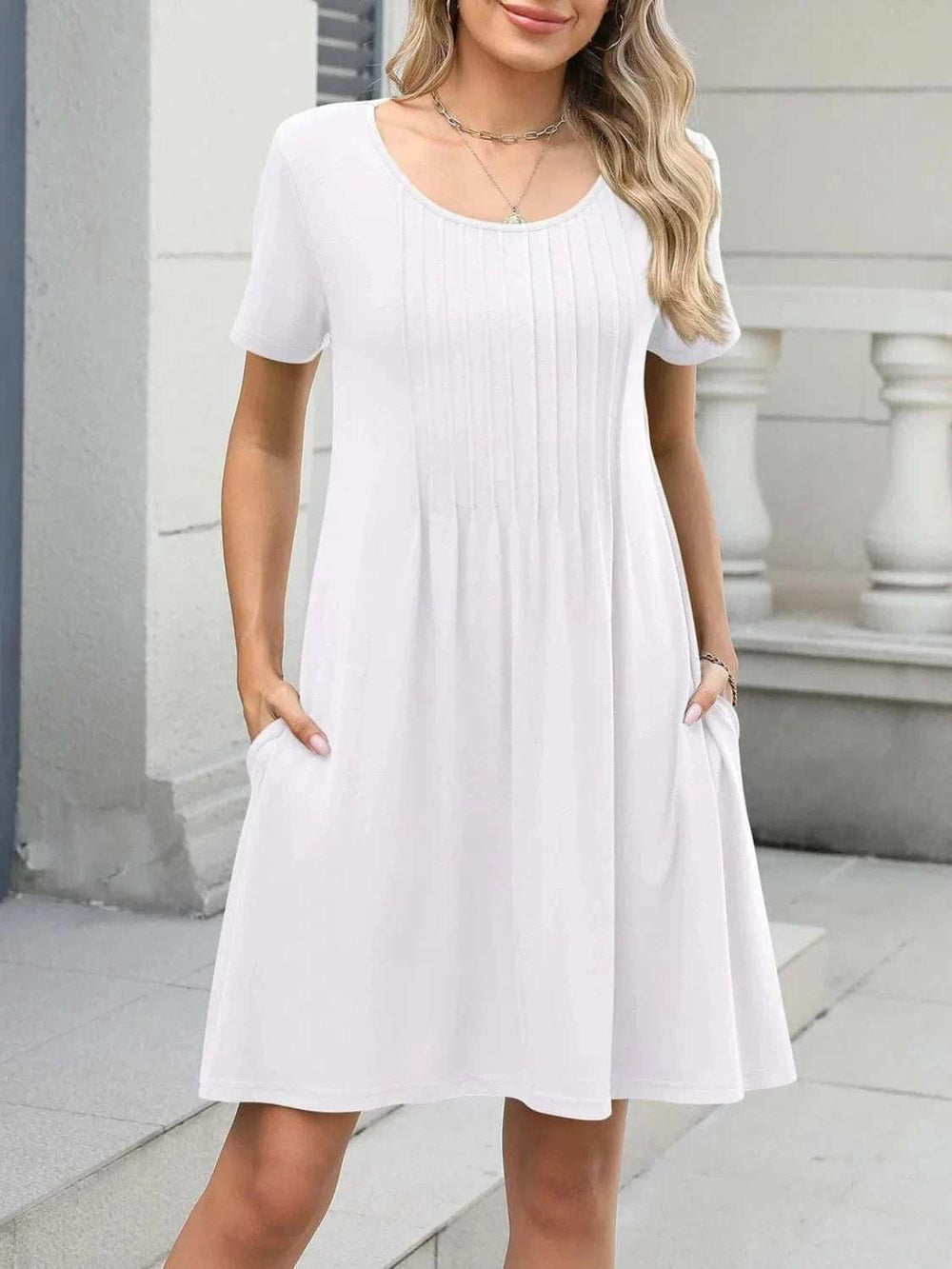 Pleated Front Round Neck Swing Dress - Trendsi - Flyclothing LLC