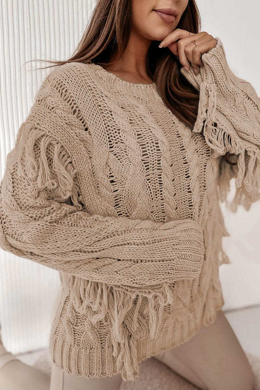 Cable Knit Fringe Round Neck Long Sleeve Sweater - Trendsi - Flyclothing LLC