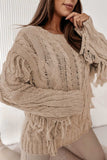 Cable Knit Fringe Round Neck Long Sleeve Sweater - Trendsi - Flyclothing LLC