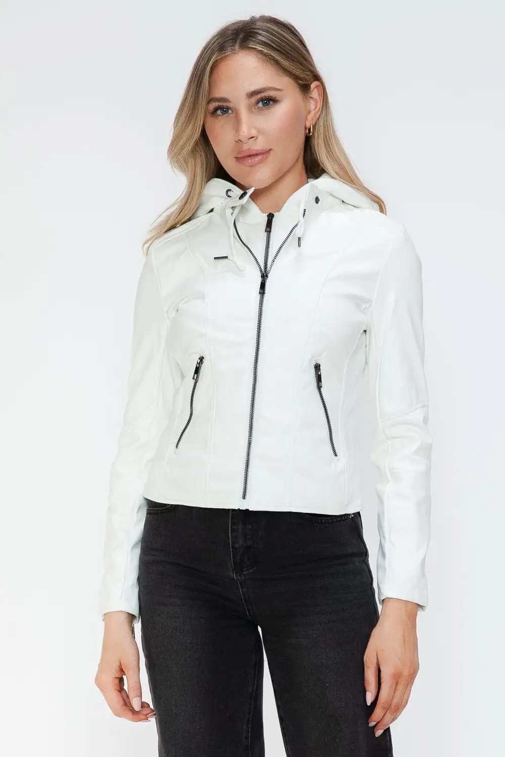 Snobbish Faux Leather Zip Up Drawstring Hooded Jacket - Trendsi - Flyclothing LLC