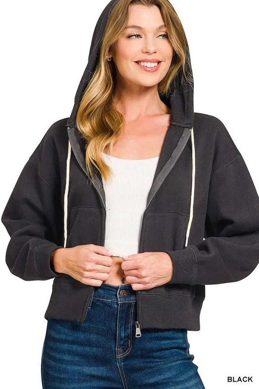 Zenana Fleece Cropped Zip-up Hoodie with Pockets - Trendsi - Flyclothing LLC
