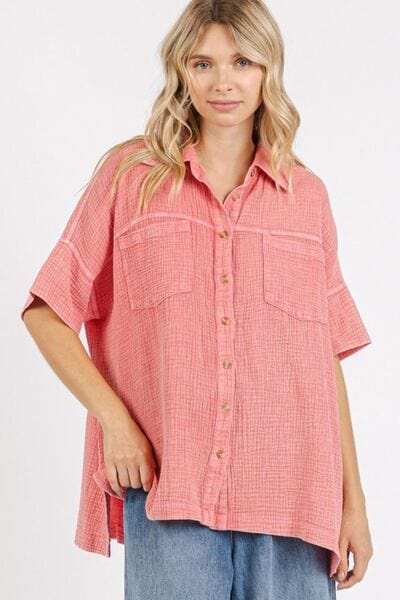 Mittoshop Mineral Wash Gauze Oversized Short Sleeve Shirt - Trendsi - Flyclothing LLC