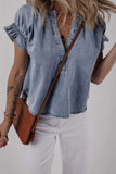V Neck Ruffled Short Puff Sleeve Denim Top - Trendsi - Flyclothing LLC