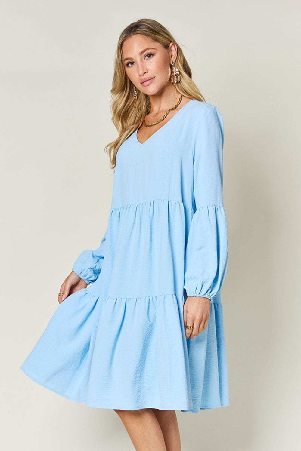 Double Take Full Size V-Neck Balloon Sleeve Tiered Dress - Trendsi - Flyclothing LLC