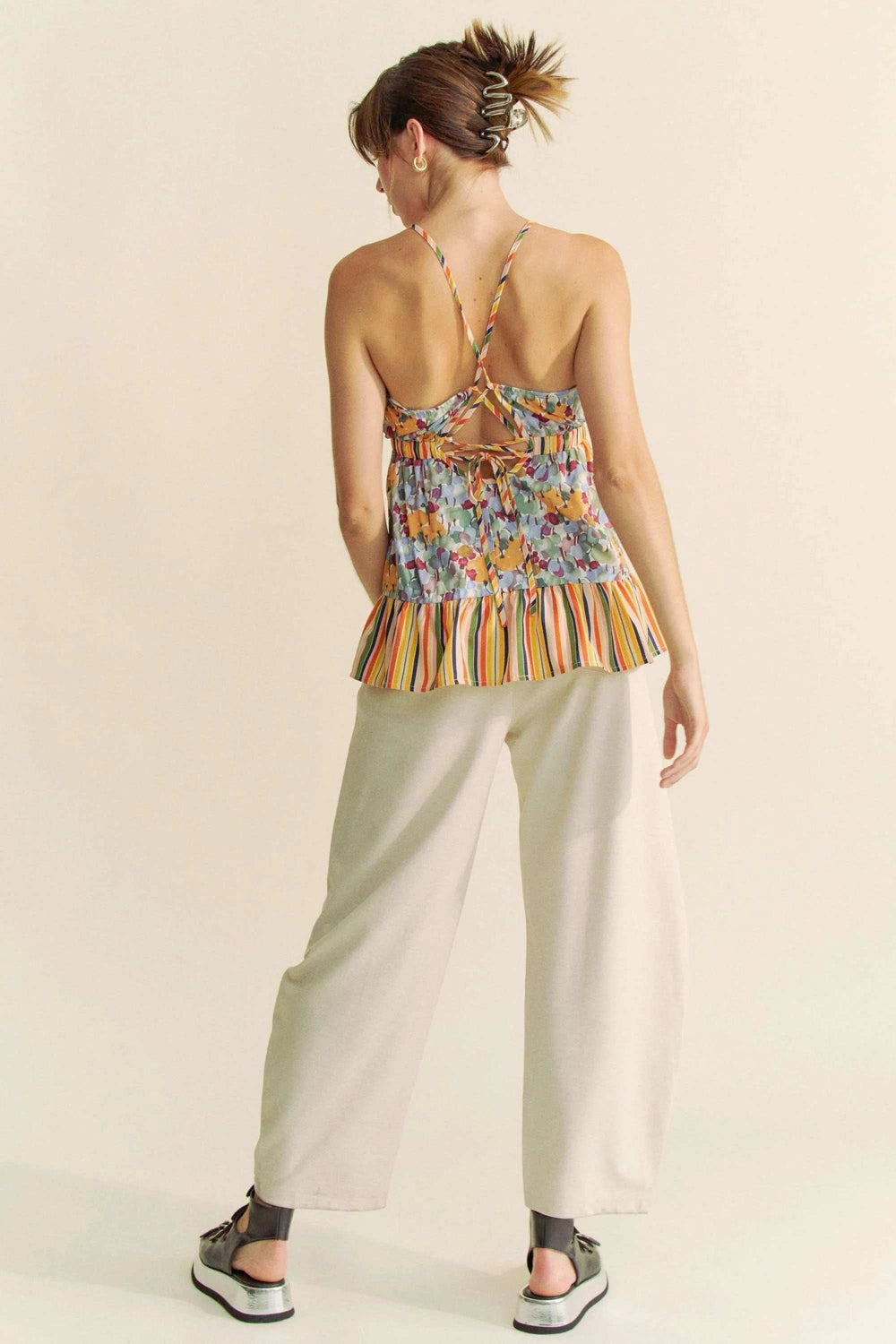 Davi & Dani Floral Smocked Sleeveless Ruffle Back Tie Top - Trendsi - Flyclothing LLC