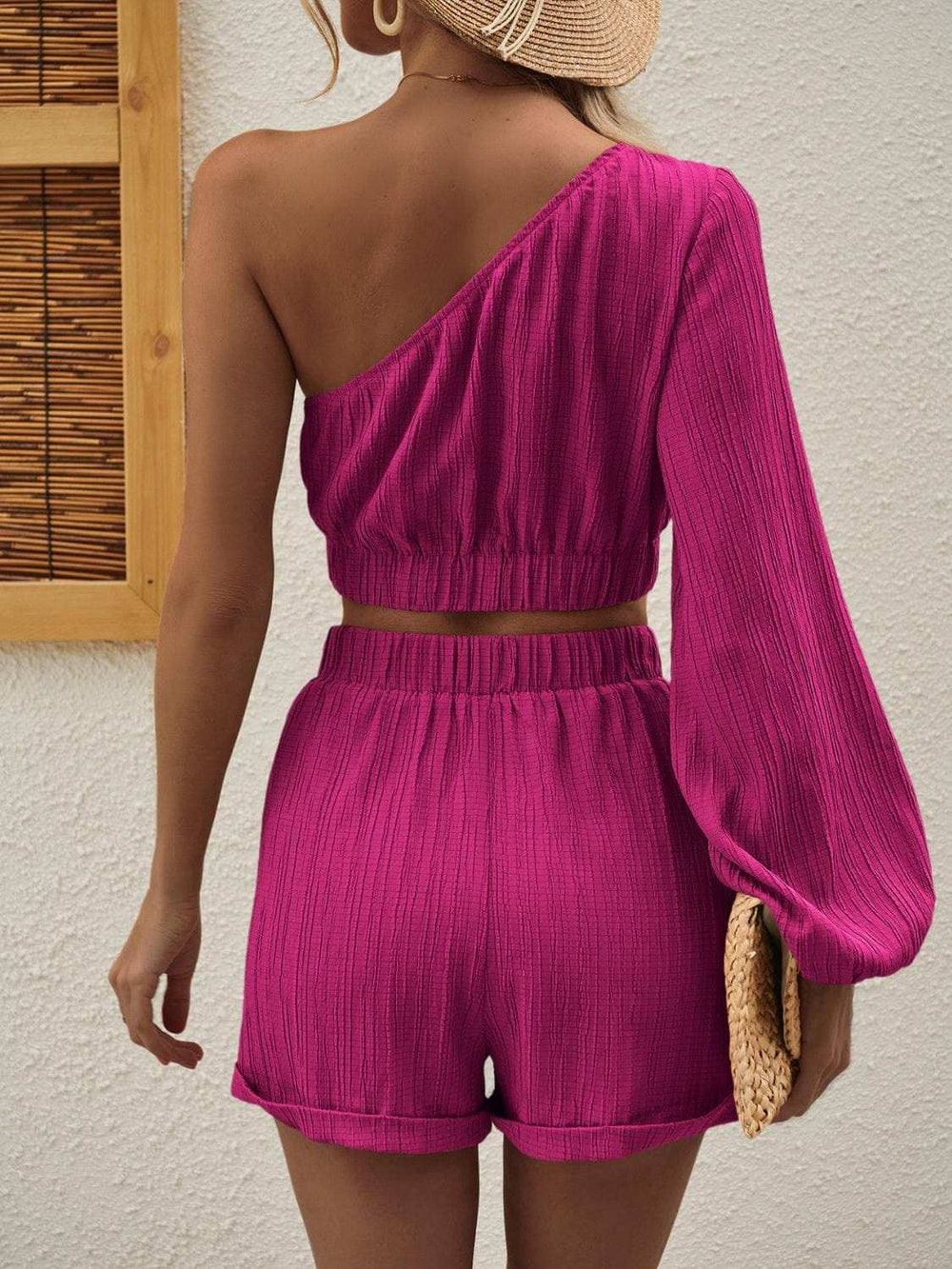 One Shoulder Long Sleeve Top and Shorts Set - Trendsi - Flyclothing LLC