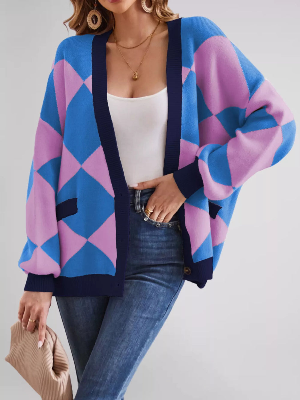 Diamond Pattern Button-Up Knit Cardigan - Trendsi - Flyclothing LLC