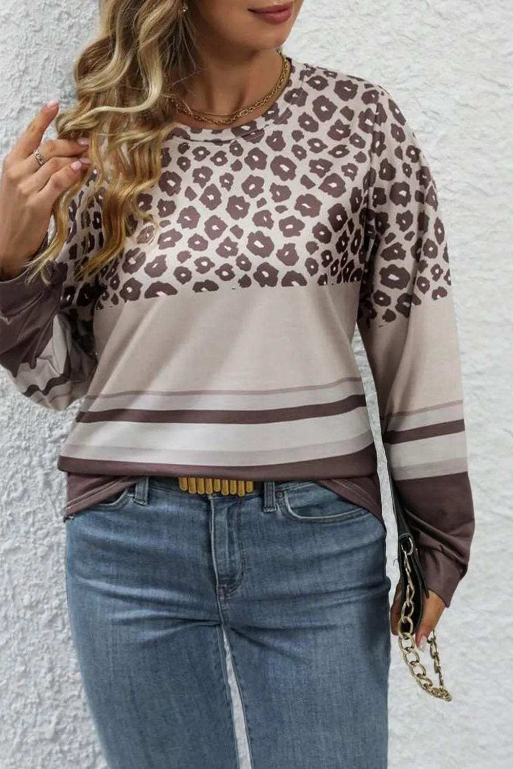 Plus Size Leopard Round Neck Long Sleeve Top - Trendsi - Flyclothing LLC