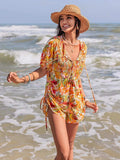Smocked Printed Tie Neck Romper - Trendsi - Flyclothing LLC