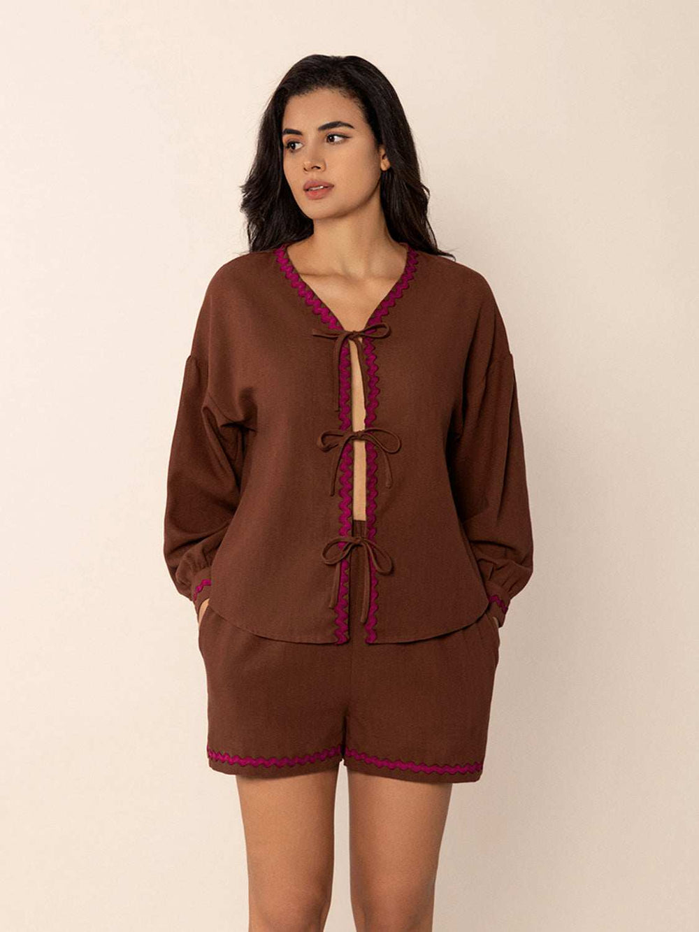 Tied V-Neck Long Sleeve Top and Shorts Set - Trendsi - Flyclothing LLC
