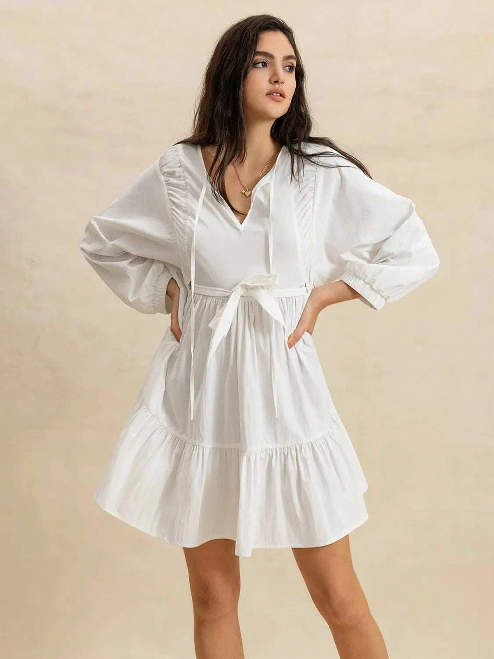 Tiered Tie Neck Long Sleeve Mini Dress - Trendsi - Flyclothing LLC