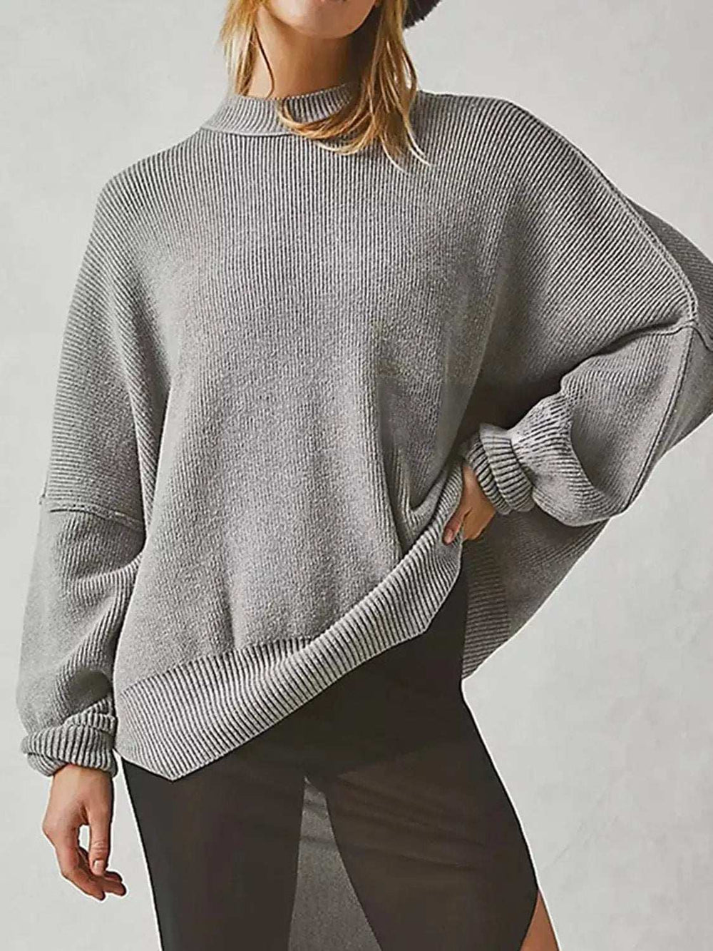 Round Neck Long Sleeve Sweater - Trendsi - Flyclothing LLC